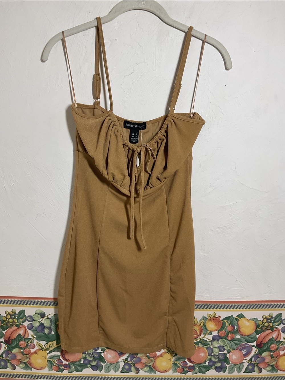 Streetwear Society Camel Ruched Bust Tie Keyhole Bodycon Mini Dress Size S NWT
